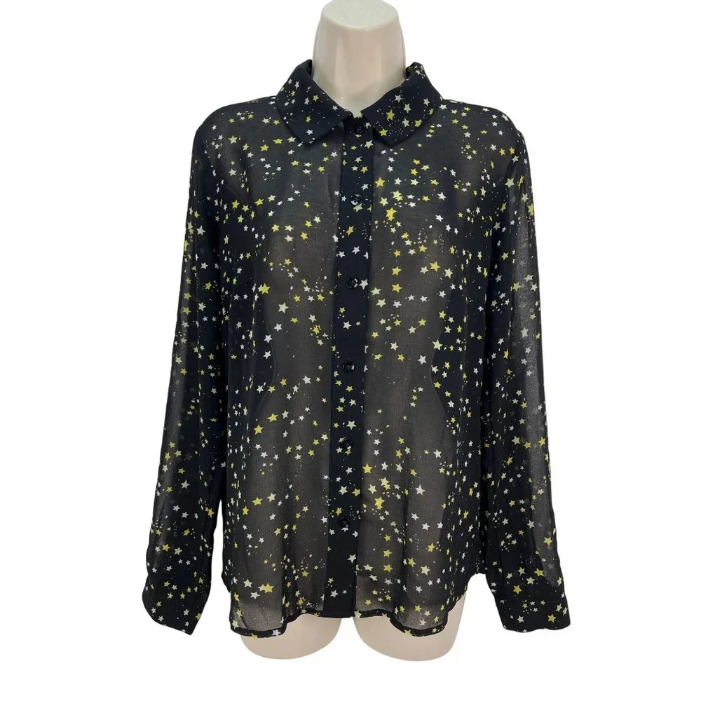 Cabi 3592 Galaxy Blouse Starry Night Black Long Sleeve Semi Sheer Size S - Picture 1 of 6